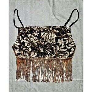 D&M Womens Large Gold Sequin Floral Fringe Crop Top Cami Flapper Festival Tank L